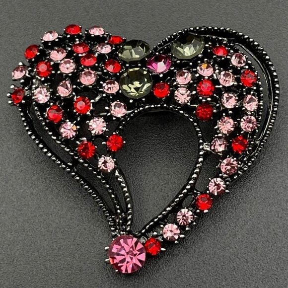Gunmetal Gray with Ruby Pink Sapphire and Olivine Crystal Heart Pin Back Brooch - Picture 1 of 8
